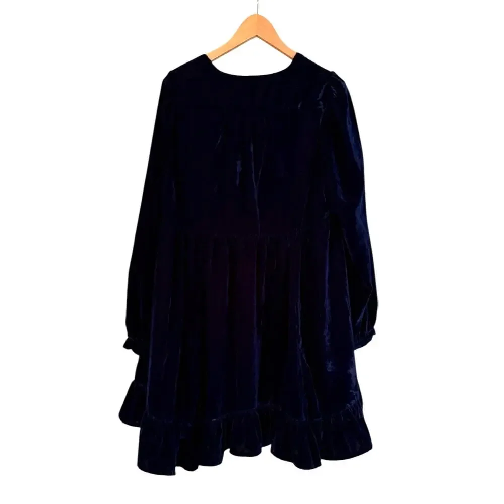 Free People Estella Velvet Mini Dress Navy Blue Babydoll Ruffle Medium